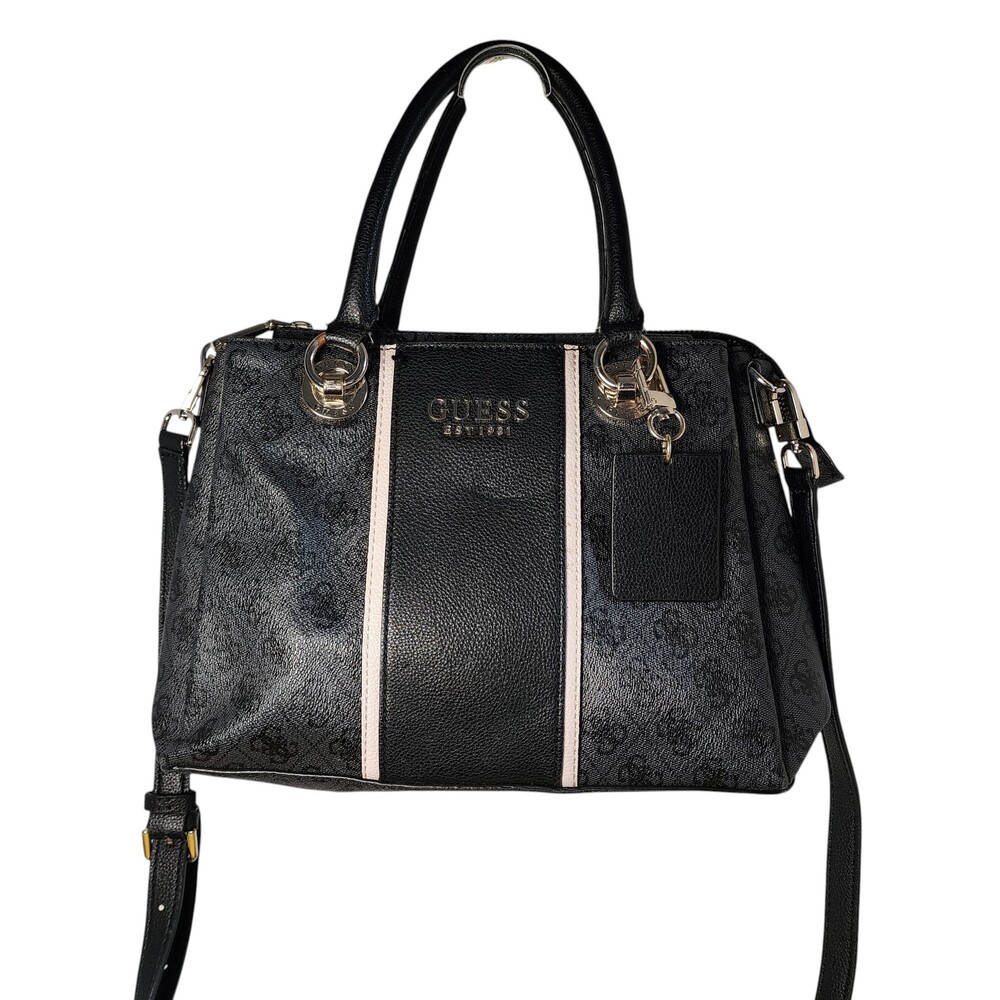 Guess Cathleen Black Gray Monogram Logo Satchel Multi Compartment Shoulder Bag